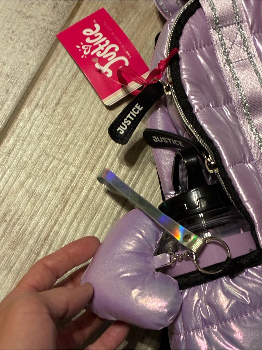 Justice Quilted Shimmer Iridescent Lavender Backpack Set W/ Lunch Bag&Bottle NWT - Picture 13 of 16